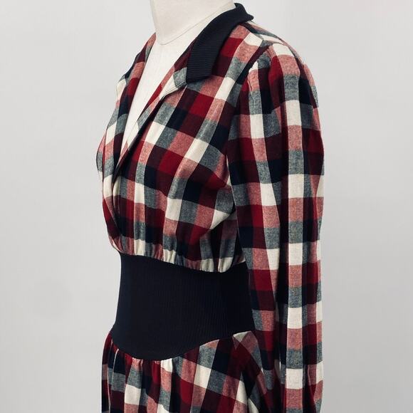 Vintage 80s Gingham Plaid Midi Dress Fit & Flare Shirtdress Collared Red Black 0 - Picture 6 of 11